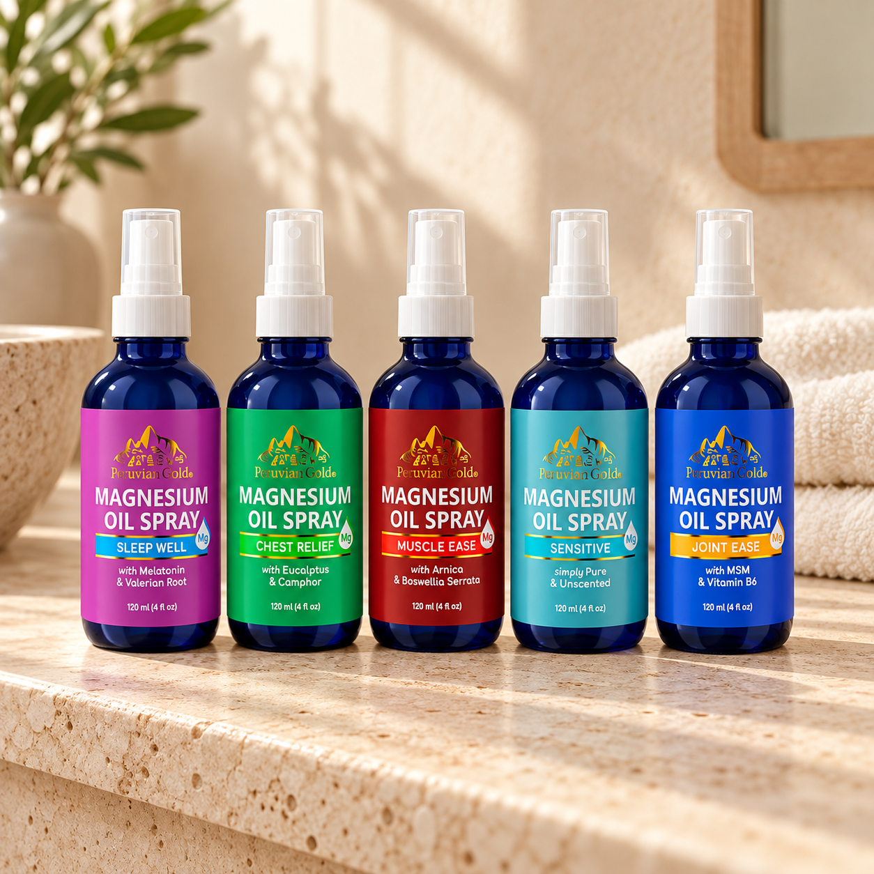 Five Peruvian Gold magnesium sprays together on a warm bathroom counter