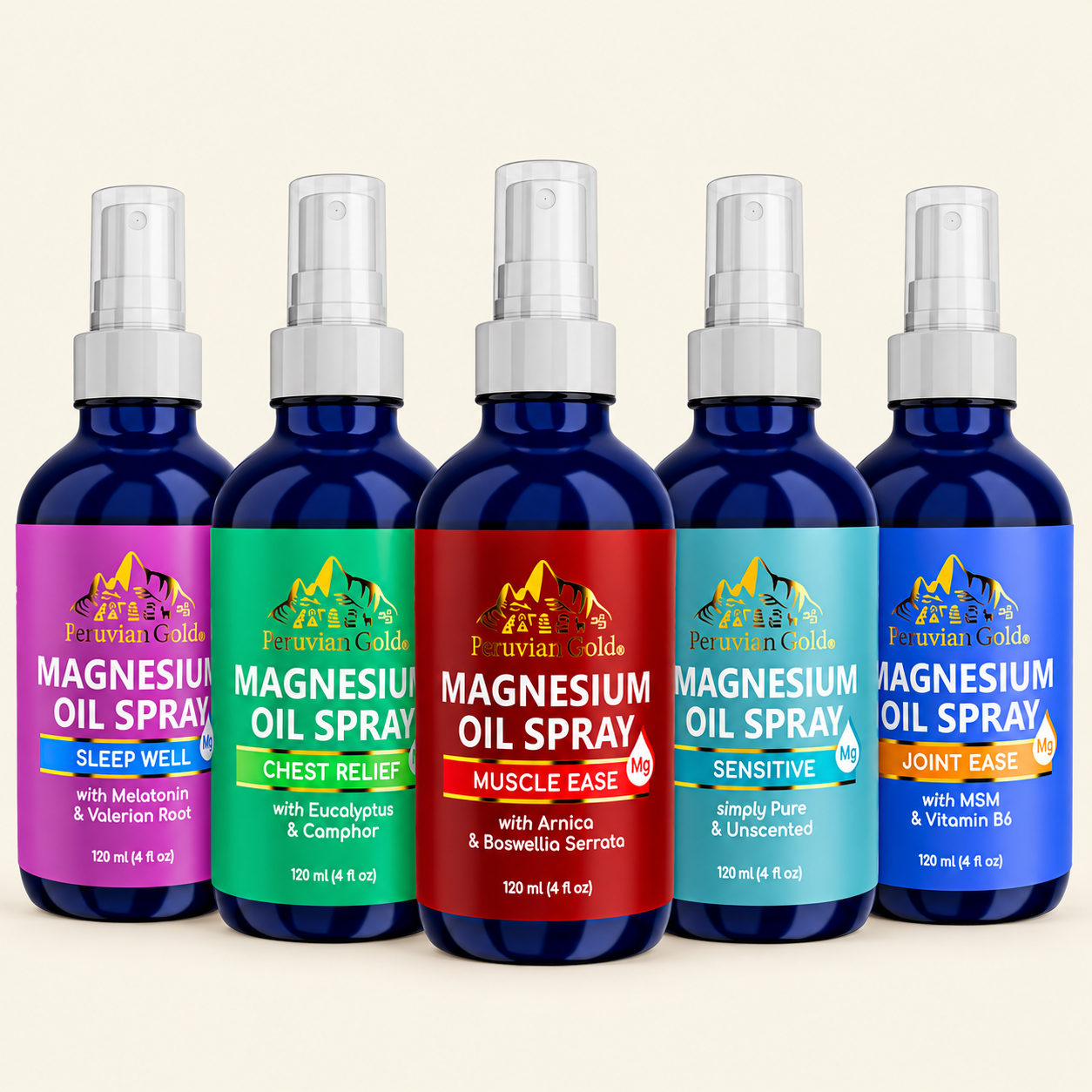 Complete magnesium spray collection — five full-size bottles, one of each formula