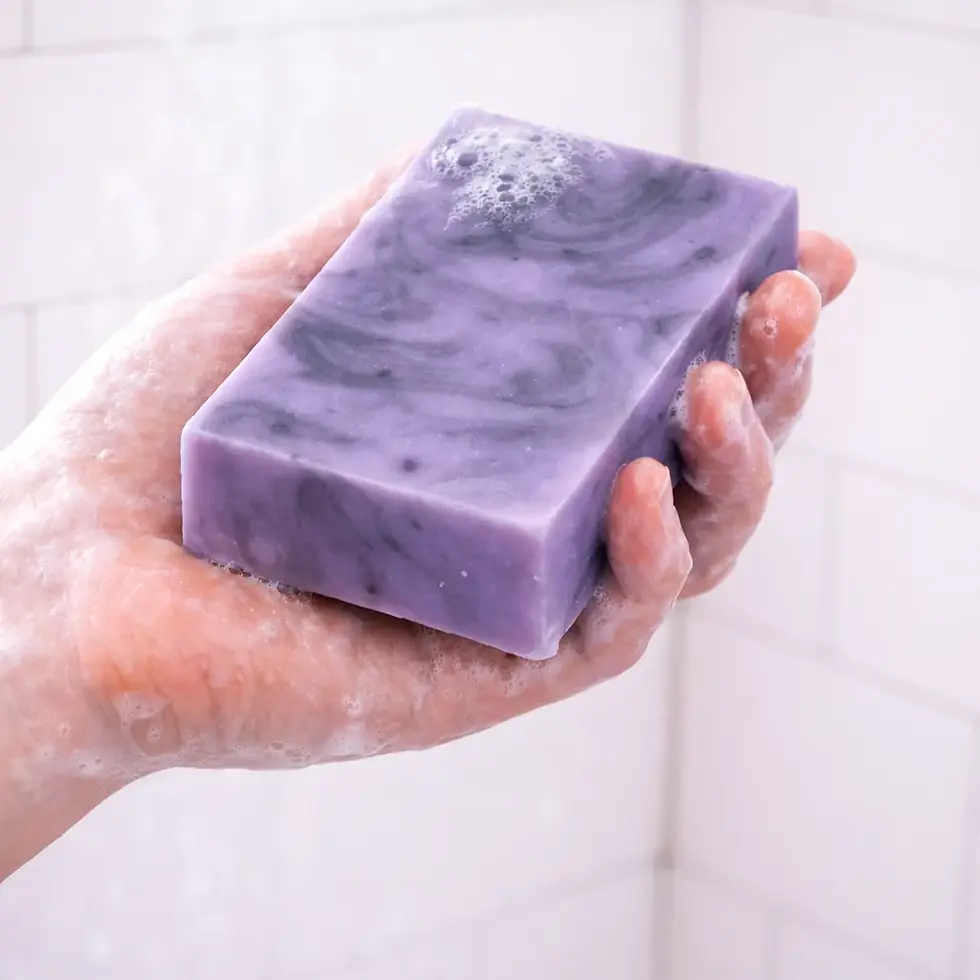 Lavanda Valle Bar Soap — single bar shown in use