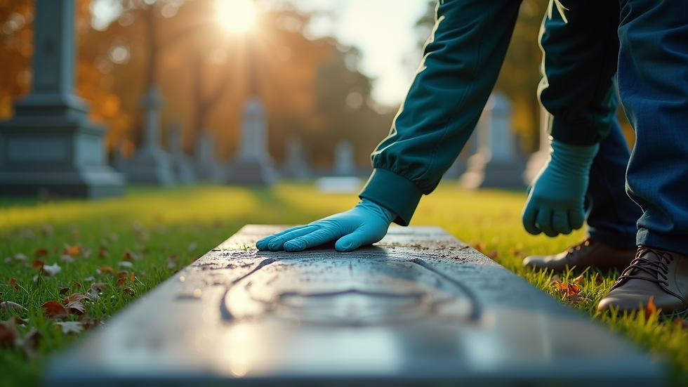 Eye-level view of a gravestone being cleaned by a professional