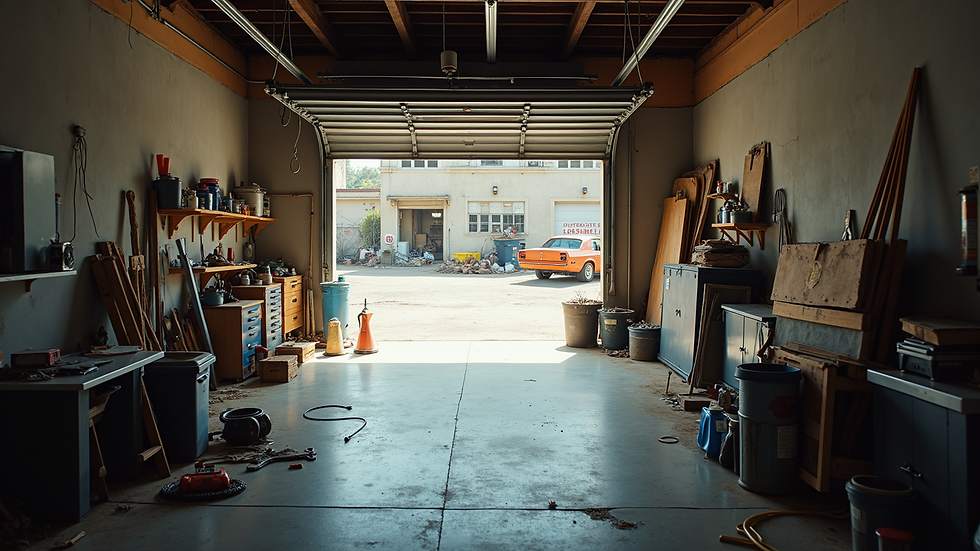 High angle view of a cluttered garage being cleaned out