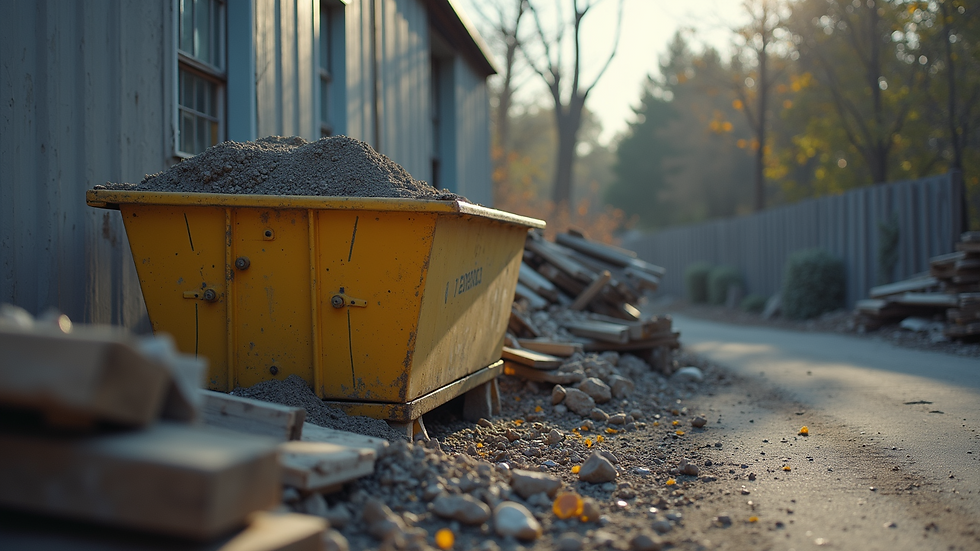 Close-up view of a dumpster with construction materials nearby