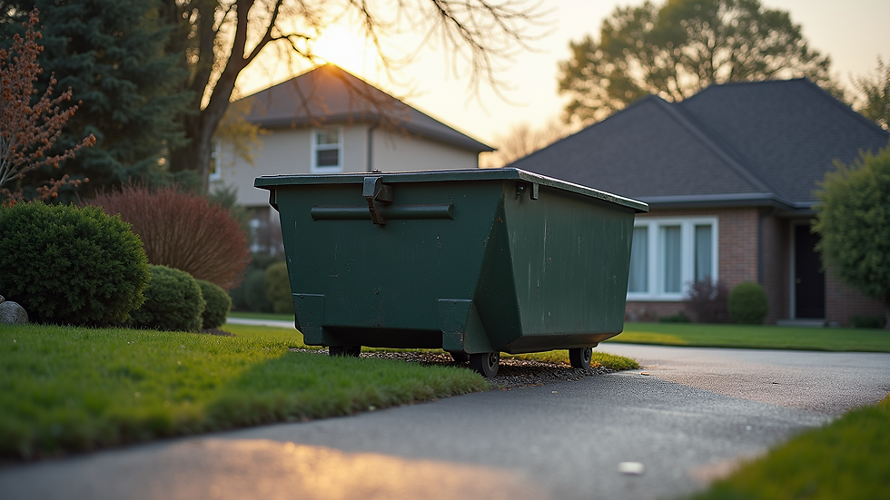 Eye-level view of a large dumpster container on a residential driveway