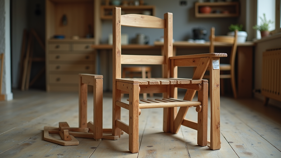 Close-up view of a disassembled wooden chair with labeled parts