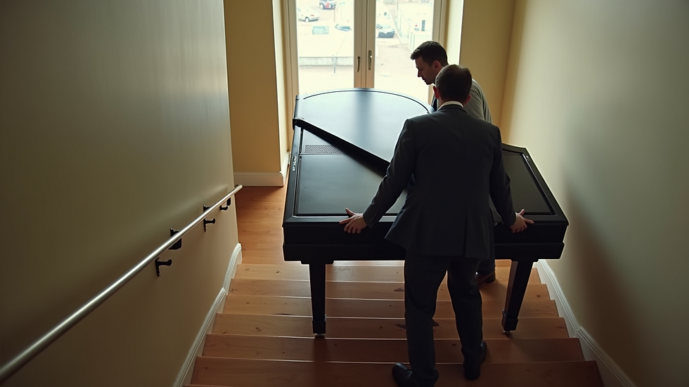 High angle view of a team member carefully maneuvering a piano down stairs