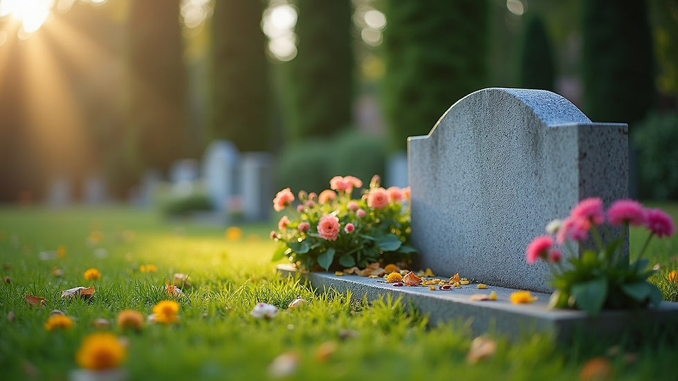 Close-up view of a well-maintained gravestone surrounded by flowers