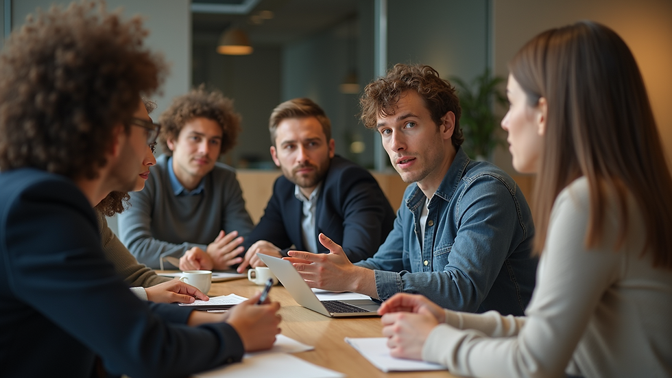 Eye-level view of a diverse group of people engaged in a discussion