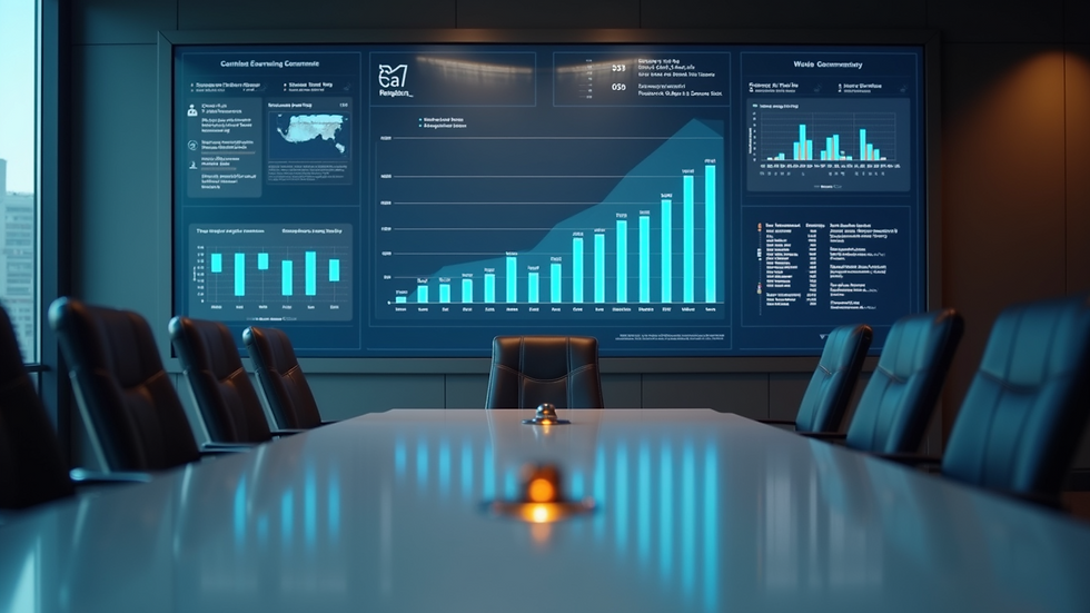 Eye-level view of a modern boardroom with a digital dashboard displaying governance metrics