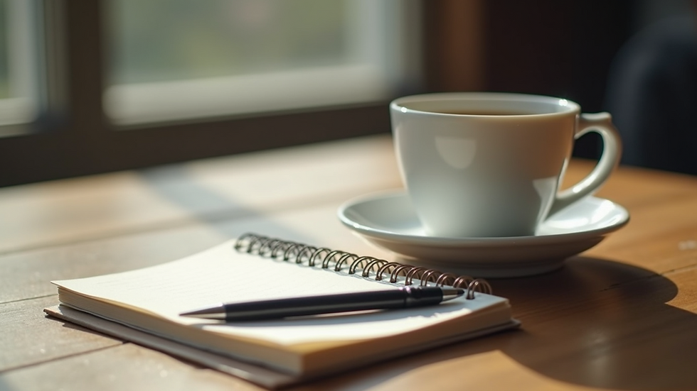 Close-up view of a journal with a pen and a cup of coffee on a wooden table