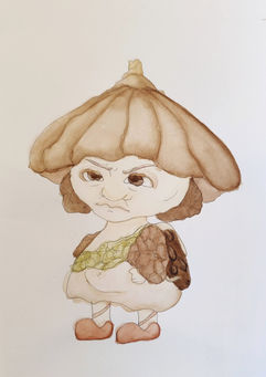Watercolor painting of a grumpy little fantasy forest creature.