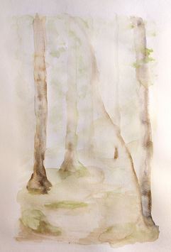 Watercolor painting of a forest scene.