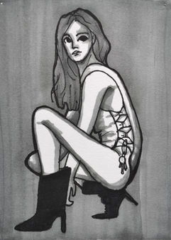 Greyscale marker drawing of a model posing sitting.