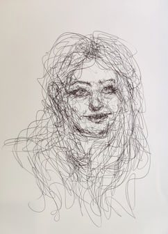 A drawing of a woman smiling drawn with doodle technique on a3 paper. 
