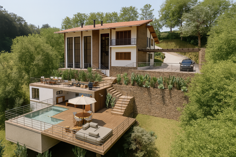 Projeto construção casa de luxo na serra, Itaipava RJ - Arquitetura contemporânea terreno inclinado múltiplos níveis, fachada tijolo madeira, terraço rooftop garagem integrada - construtora alto padrão serrana