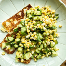 Corn & Basil Salad w/ Champagne Vinaigrette over Seared Halloumi