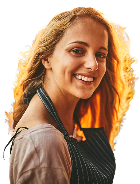 Mulher sorridente, vestindo avental, Imacolato Oliveiras