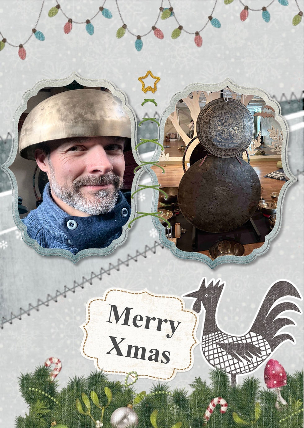 Mat smiling, wearing a metallic hat. Gongs in a cozy room. Festive border with lights. Text: "Merry Xmas." Holiday theme with rooster.