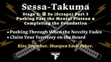 Character development infographic for Stage 2, Part 3 of 3 of the summer Sessa-Takuma series at Impact Martial Arts. Titled "Stage 2: 磋 Sa (Scrape) Part 3: Pushing Past the Mental Plateau & Completing the Foundation." Features a dark background accented with crossed samurai katana swords, gold lightning bolts, and bullet points outlining how to push through when the novelty fades and how to claim your territory on the board. Displays the official Team Feidt logo and the mantra "Rise Together. Sharpen Each Other."