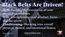 Motivational graphic titled "Black Belts Are Driven!" detailing the three pillars of martial arts training: Skill (pushing physical boundaries), Will (strengthening mindset and focus), and Conditioning (elevating physical, mental, and emotional fitness).