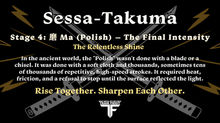 Infographic for Stage 4 of Sessa-Takuma: 磨 Ma (Polish) - The Relentless Shine. Features the Team Feidt crossed katanas logo with text explaining that "Ma" is the final intensity and spirit that makes a martial artist shine. Includes the mantra "Rise Together. Sharpen Each Other." and Impact Martial Arts branding.