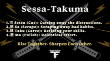 An educational graphic titled "Sessa-Takuma" featuring crossed katana swords and gold lightning bolts on a black background. The text outlines four steps of self-improvement: 1. Setsu (Cut) – Cutting away distractions; 2. Sa (Scrape) – Scraping away bad habits; 3. Taku (Carve) – Refining skills; and 4. Ma (Polish) – Relentless effort. The bottom includes the slogan "Rise Together. Sharpen Each Other." and the Impact Martial Arts and Fitness Team Feidt logo.
