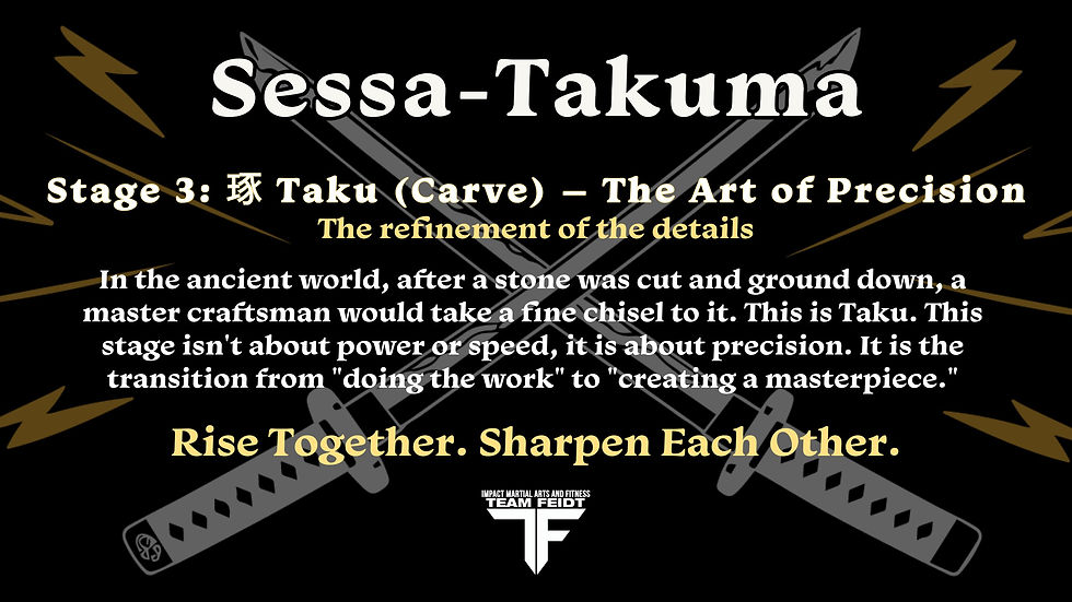 Blog graphic on the Sessa-Takuma series, Stage 3: Taku (Carve). Explains the dojo philosophy of polishing the spirit through attention to fine detail. Includes dojo branding: Impact Martial Arts & Fitness, Team Feidt, and the TF logo with the mantra "Rise Together. Sharpen Each Other."