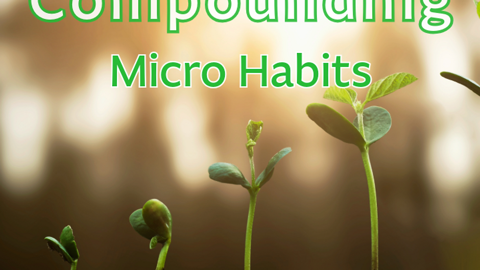 A wide landscape graphic for the Achieve Results Now podcast. Large green and white text reads "The Power of Compounding Micro Habits." In the bottom left, it says "EP. 494." The image shows a sequence of seedlings at various stages of growth against a soft, sunlit bokeh background, with the podcast logo in the bottom right corner.