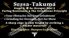 Character development infographic for Stage 2, Part 2 of 3 of the summer Sessa-Takuma series at Impact Martial Arts. Titled "STAGE 2: 磋 Sa (The Scrape): Facing Resistance & The Grindstone Principle." Features crossed samurai katana swords, gold lightning bolts on a dark background, and core training principles summarizing the steel-on-steel mindset, treating life challenges as grindstones, and selecting partners who challenge your focus. Displays Team Feidt branding and the dojo mantra "Rise Together. Sharpen Each Other."