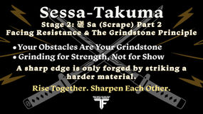 Character development infographic for Stage 2, Part 2 of 3 of the summer Sessa-Takuma series at Impact Martial Arts. Titled "STAGE 2: 磋 Sa (The Scrape): Facing Resistance & The Grindstone Principle." Features crossed samurai katana swords, gold lightning bolts on a dark background, and core training principles summarizing the steel-on-steel mindset, treating life challenges as grindstones, and selecting partners who challenge your focus. Displays Team Feidt branding and the dojo mantra "Rise Together. Sharpen Each Other."