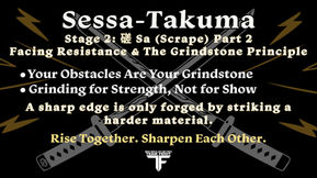 Character development infographic for Stage 2, Part 2 of 3 of the summer Sessa-Takuma series at Impact Martial Arts. Titled "STAGE 2: 磋 Sa (The Scrape): Facing Resistance & The Grindstone Principle." Features crossed samurai katana swords, gold lightning bolts on a dark background, and core training principles summarizing the steel-on-steel mindset, treating life challenges as grindstones, and selecting partners who challenge your focus. Displays Team Feidt branding and the dojo mantra "Rise Together. Sharpen Each Other."
