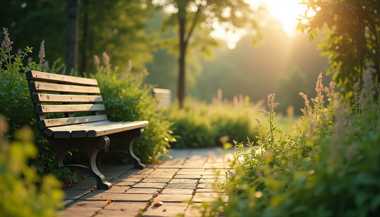 Eye-level view of a peaceful garden bench surrounded by green plants and soft sunlight
