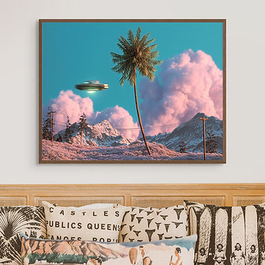 Surreal UFO and Palm Tree Mountain Scene Canvas Print