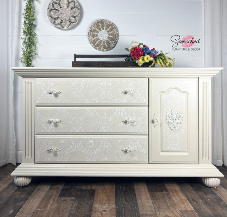 French Country Dresser | Ivory Stencil Design, Cream and Gold Rose Hardware