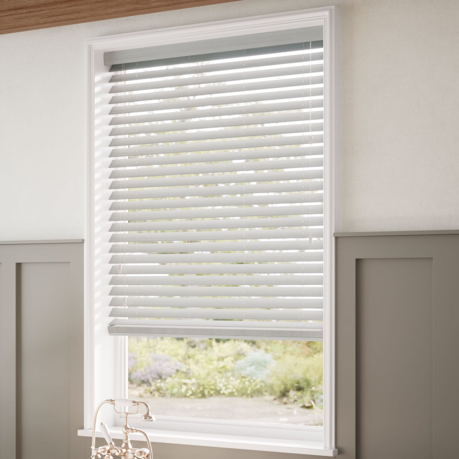 No Drill Grey Grain Faux Wood Blind