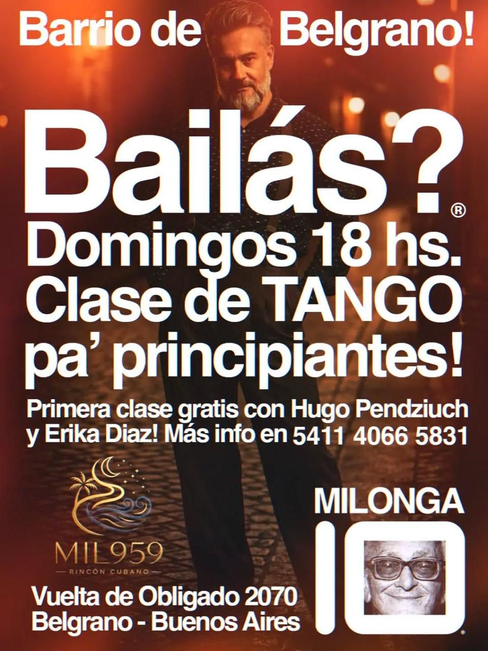 Póster de tango en Belgrano con hombre frente a luces cálidas: Bailás?, domingos 18 hs, clase gratis para principiantes. Julio