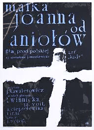 Póster en blanco y negro de una figura recortada y el texto marka Joanna od aniołów sobre fondo oscuro. Madre Juana