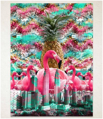 Flamencos rosas y una piña sobre una ciudad, con fondo tropical multicolor y estilo surrealista. ¿QUÉ FUTURO PUEDE NACER DE UNA PANTALLA QUE NO SABE DORMIR?