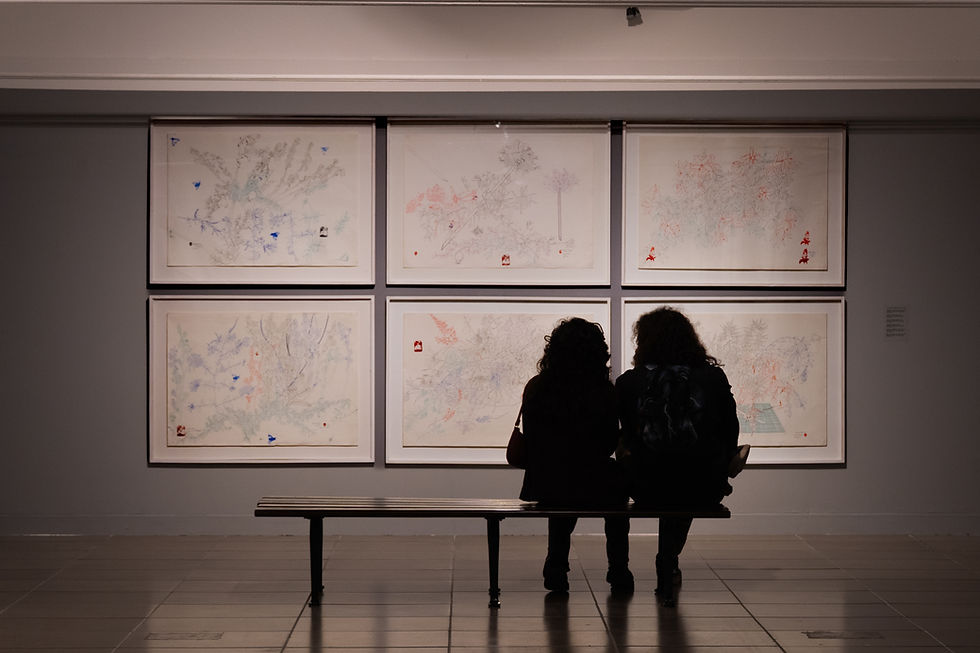 Dos mujeres en silueta observan seis dibujos abstractos enmarcados en una galería, sentadas en un banco bajo luz tenue. Ofrenda