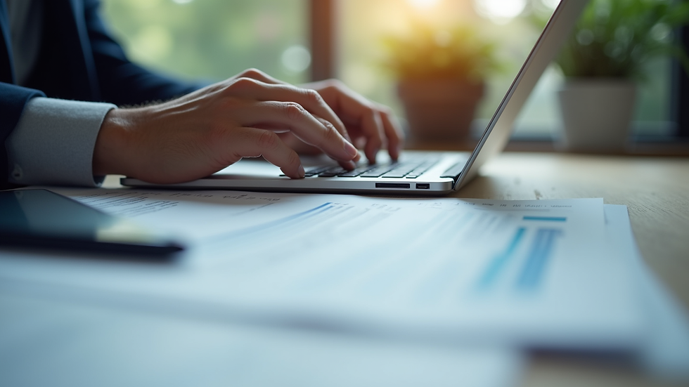 Close-up view of a professional reviewing compliance documents on a laptop