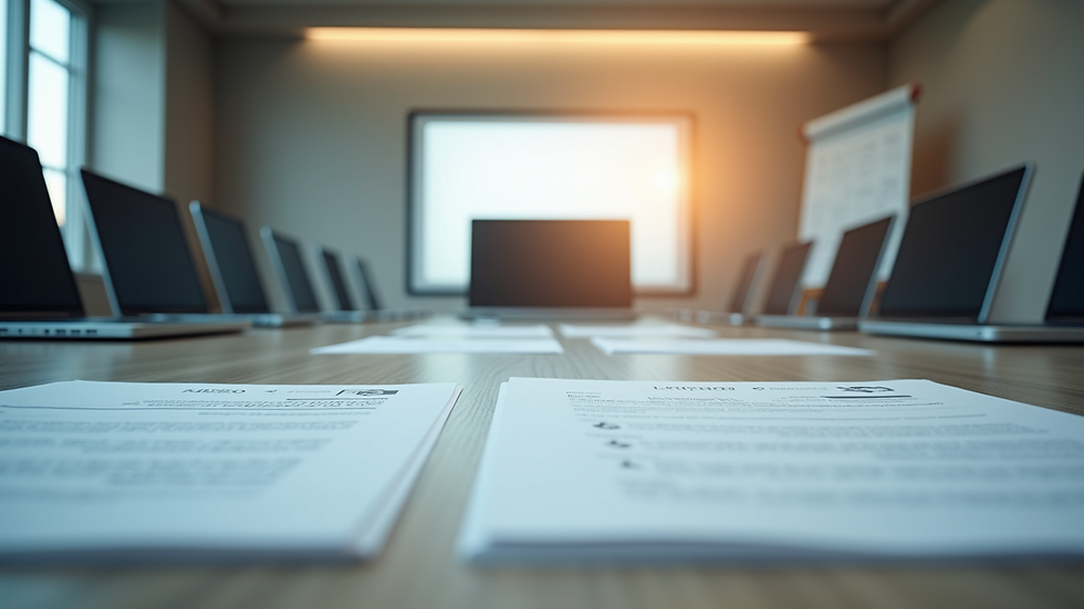 Eye-level view of a corporate boardroom with documents and laptops