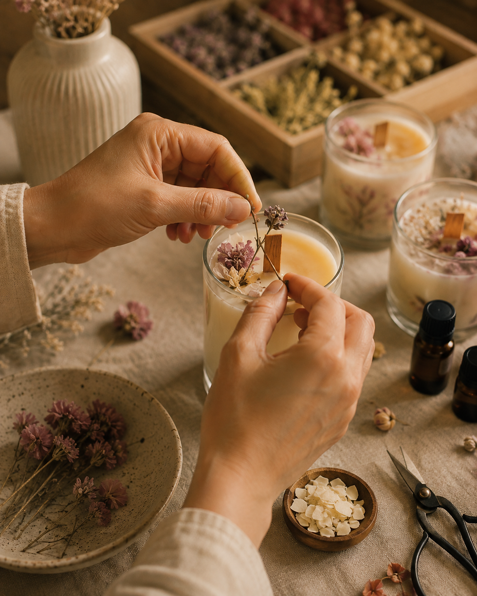 Hands decorating a handmade candle with dried flowers