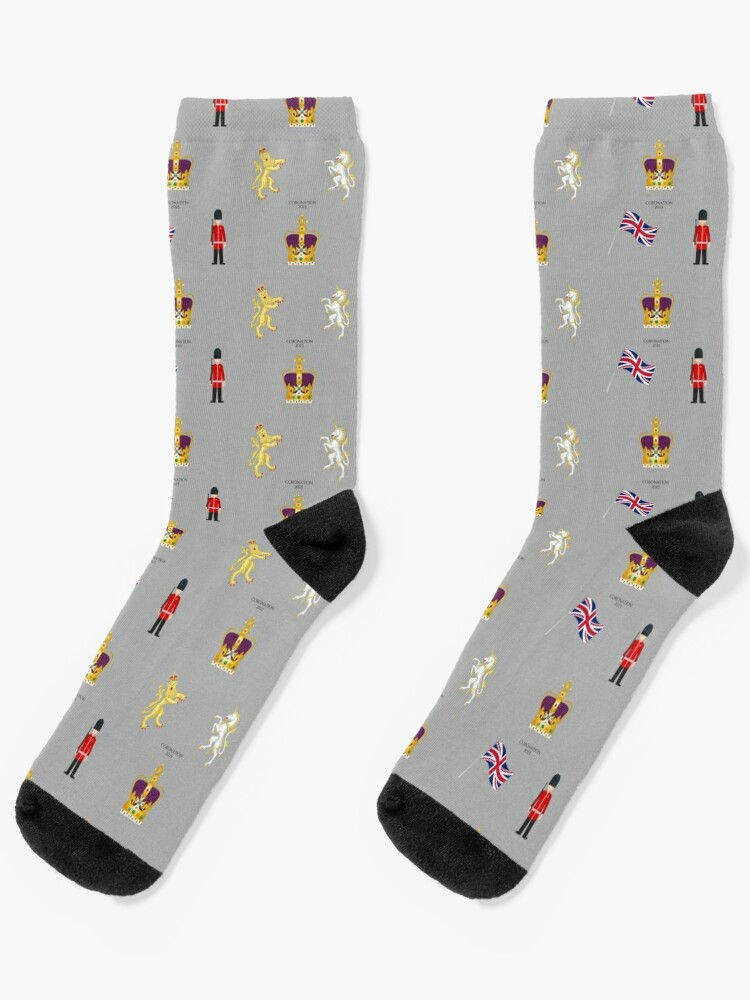 Commemorative Coronation 2023 Pattern featuring the St Edward's Crown Emoji on Grey: Patterned socks