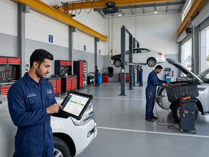 Service advisor in garage uniform reviewing workshop management software on tablet while technicians repair cars in workshop