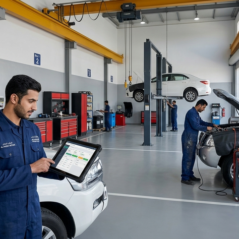 Service advisor in garage uniform reviewing workshop management software on tablet while technicians repair cars in workshop