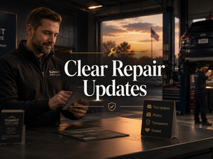 Auto repair service advisor sending a customer repair update while reviewing vehicle status, estimate approval, and workshop progress.
