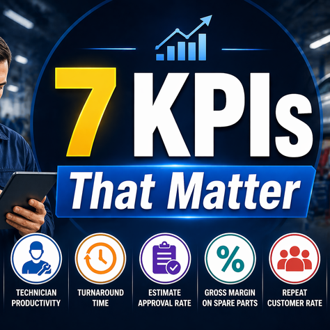 Workshop owner reviewing performance dashboard with 7 KPIs that matter for workshop profitability and growth