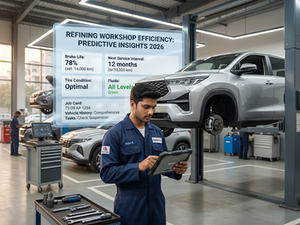 A technician at a modern car workshop uses a tablet with a floating transparent screen. The screen displays predictive maintenance insights, including brake life (78%), next service interval (12 months), and optimal tire condition. The image has a professional B2B tone with soft lighting and minimal UI.