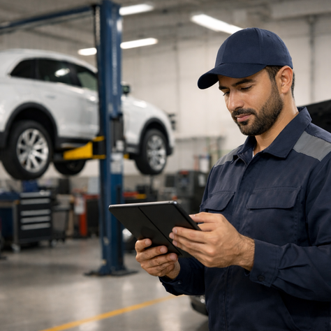 mechanic using digital workshop management system in a modern UAE auto repair workshop