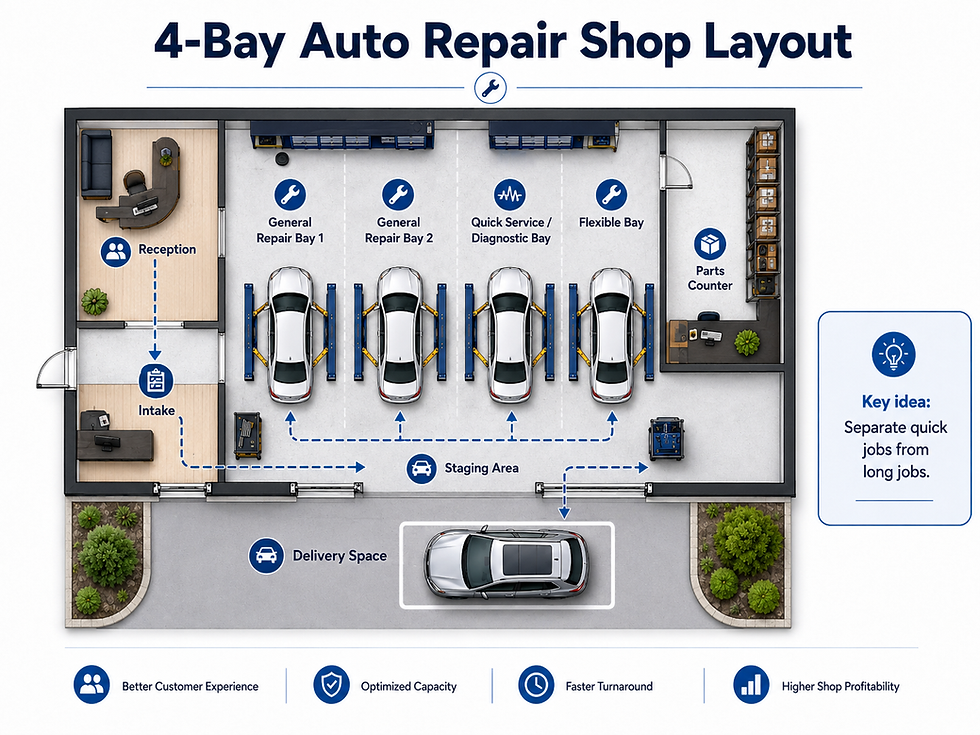 4 bay auto repair shop floor plan with intake area, service bays, parts counter, staging area, and delivery space