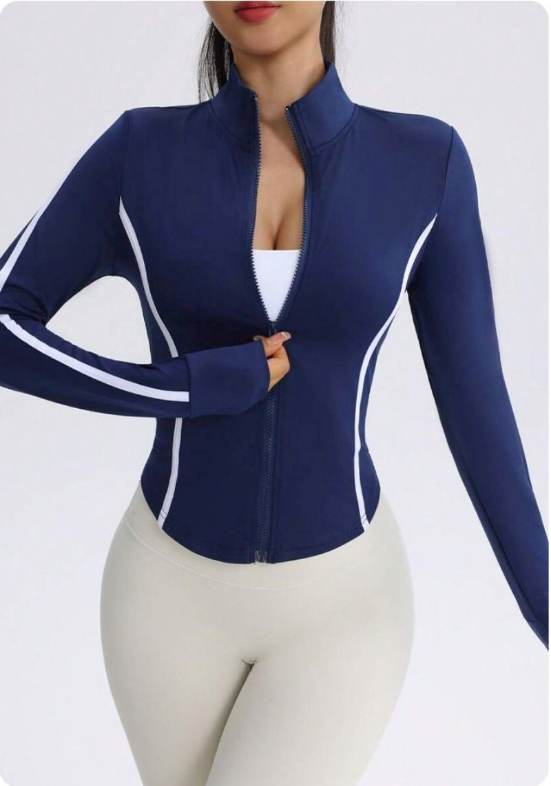Thumbnail: Women Navy Blue Yoga Jacket with White Contrast Stitching Slim Fit Full Zip Up T
